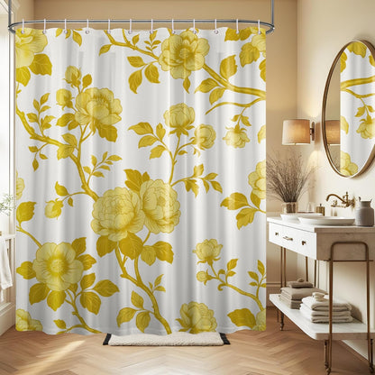 Mustard Yellow Flower Shower Curtain Abstract Floral Shower Curtains for Bathroom Decor Sets, Waterproof Cloth Fabric with Hooks, 70 x 72 Inch