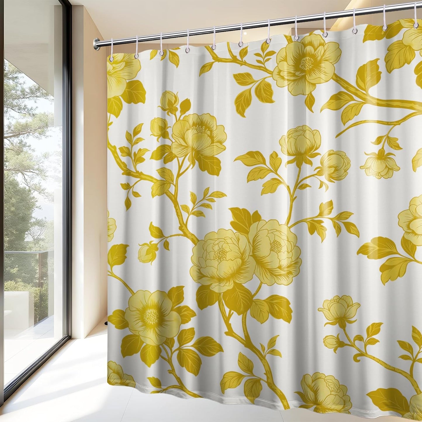 Mustard Yellow Flower Shower Curtain Abstract Floral Shower Curtains for Bathroom Decor Sets, Waterproof Cloth Fabric with Hooks, 70 x 72 Inch