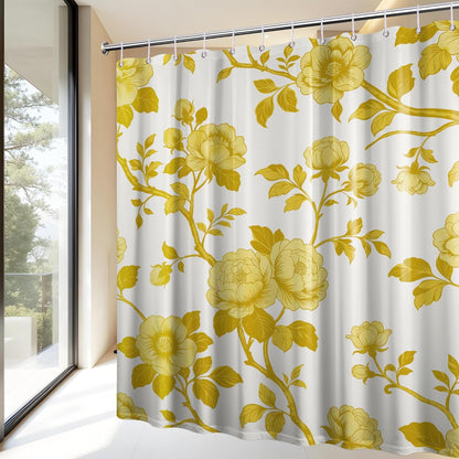 Mustard Yellow Flower Shower Curtain Abstract Floral Shower Curtains for Bathroom Decor Sets, Waterproof Cloth Fabric with Hooks, 70 x 72 Inch