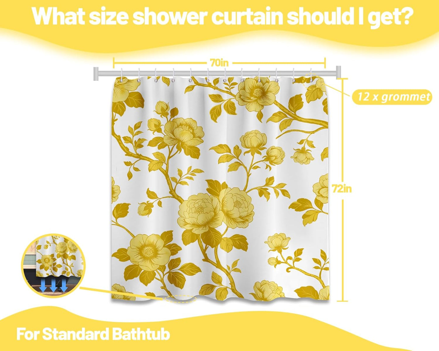 Mustard Yellow Flower Shower Curtain Abstract Floral Shower Curtains for Bathroom Decor Sets, Waterproof Cloth Fabric with Hooks, 70 x 72 Inch