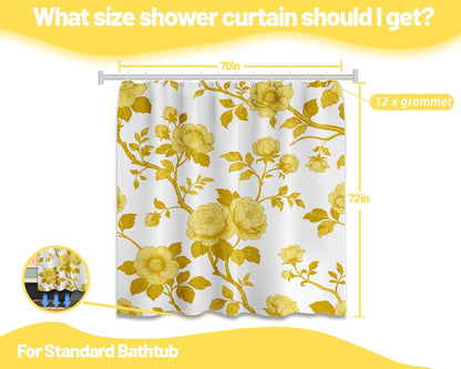 Mustard Yellow Flower Shower Curtain Abstract Floral Shower Curtains for Bathroom Decor Sets, Waterproof Cloth Fabric with Hooks, 70 x 72 Inch