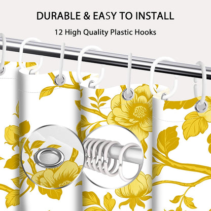 Mustard Yellow Flower Shower Curtain Abstract Floral Shower Curtains for Bathroom Decor Sets, Waterproof Cloth Fabric with Hooks, 70 x 72 Inch