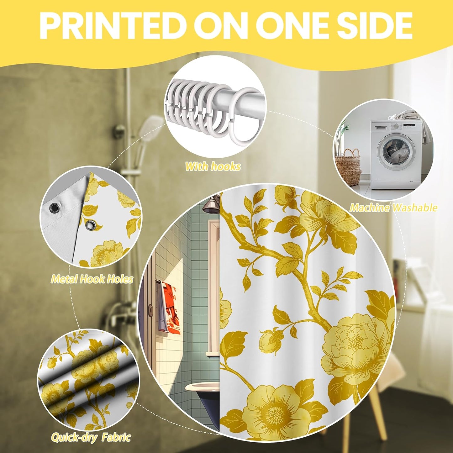 Mustard Yellow Flower Shower Curtain Abstract Floral Shower Curtains for Bathroom Decor Sets, Waterproof Cloth Fabric with Hooks, 70 x 72 Inch