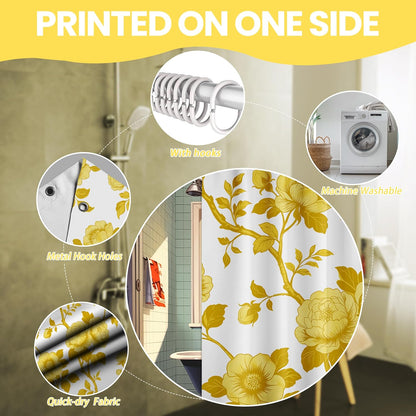 Mustard Yellow Flower Shower Curtain Abstract Floral Shower Curtains for Bathroom Decor Sets, Waterproof Cloth Fabric with Hooks, 70 x 72 Inch