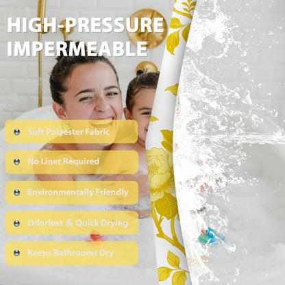 Mustard Yellow Flower Shower Curtain Abstract Floral Shower Curtains for Bathroom Decor Sets, Waterproof Cloth Fabric with Hooks, 70 x 72 Inch