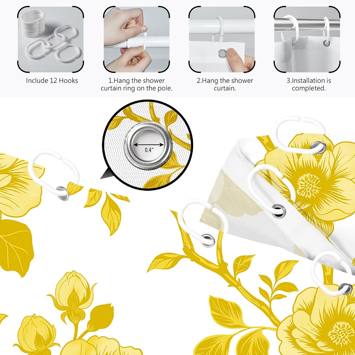 Mustard Yellow Flower Shower Curtain Abstract Floral Shower Curtains for Bathroom Decor Sets, Waterproof Cloth Fabric with Hooks, 70 x 72 Inch