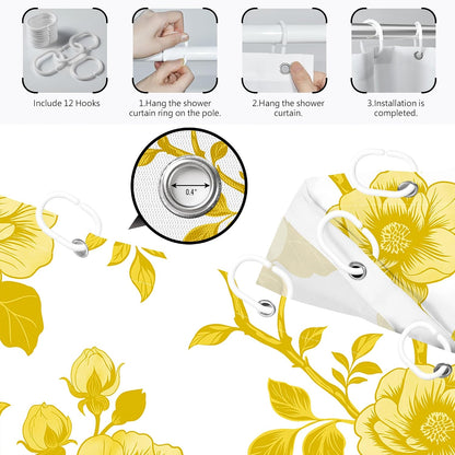 Mustard Yellow Flower Shower Curtain Abstract Floral Shower Curtains for Bathroom Decor Sets, Waterproof Cloth Fabric with Hooks, 70 x 72 Inch