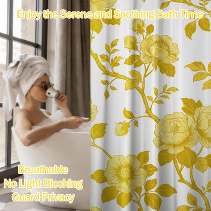 Mustard Yellow Flower Shower Curtain Abstract Floral Shower Curtains for Bathroom Decor Sets, Waterproof Cloth Fabric with Hooks, 70 x 72 Inch