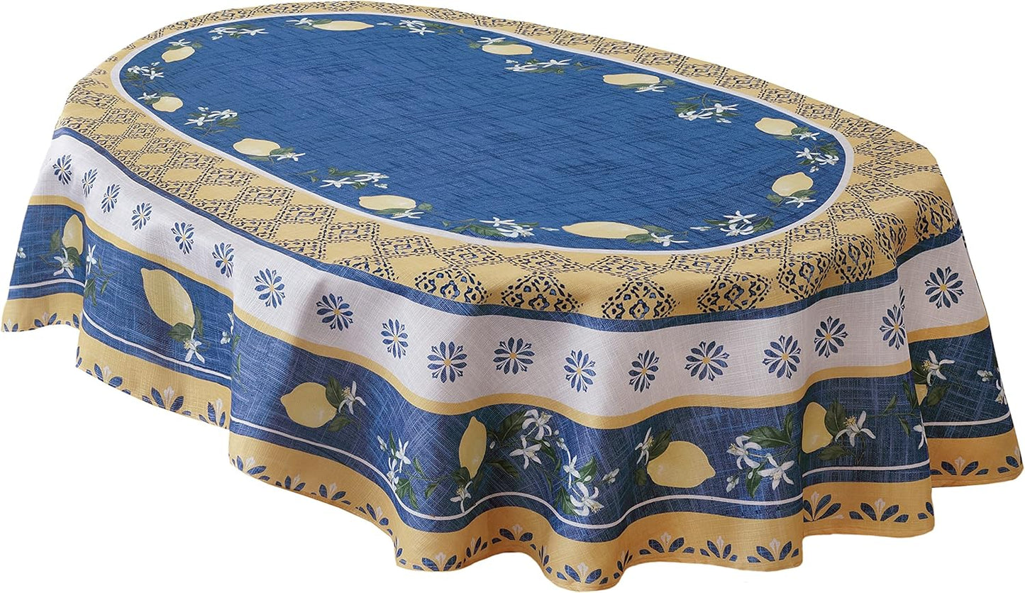 Oval Fabric Tablecloth, 60 x 84 Inch, Blue Lemon Garden, Indoor Outdoor Stain and Water Resistant Fabric Table Cloth, Mediterranean Orchard