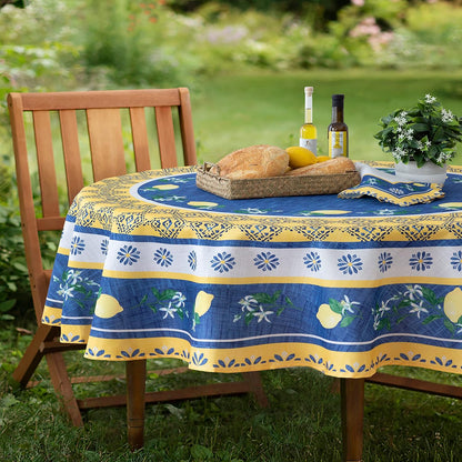 Oval Fabric Tablecloth, 60 x 84 Inch, Blue Lemon Garden, Indoor Outdoor Stain and Water Resistant Fabric Table Cloth, Mediterranean Orchard