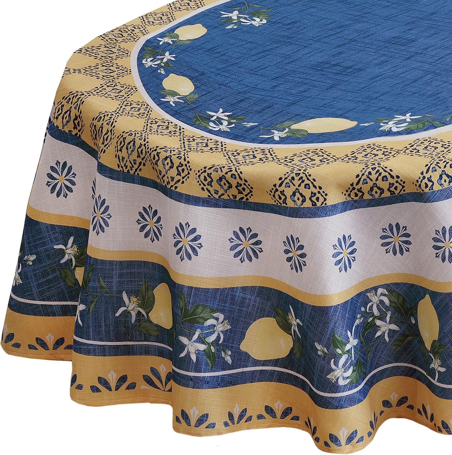 Oval Fabric Tablecloth, 60 x 84 Inch, Blue Lemon Garden, Indoor Outdoor Stain and Water Resistant Fabric Table Cloth, Mediterranean Orchard