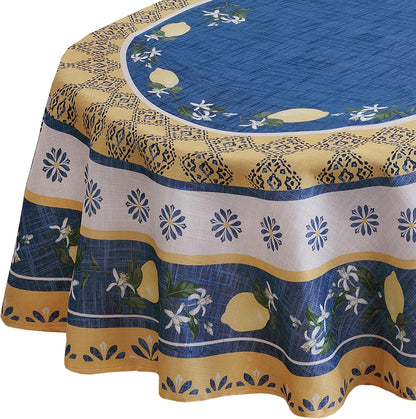 Oval Fabric Tablecloth, 60 x 84 Inch, Blue Lemon Garden, Indoor Outdoor Stain and Water Resistant Fabric Table Cloth, Mediterranean Orchard
