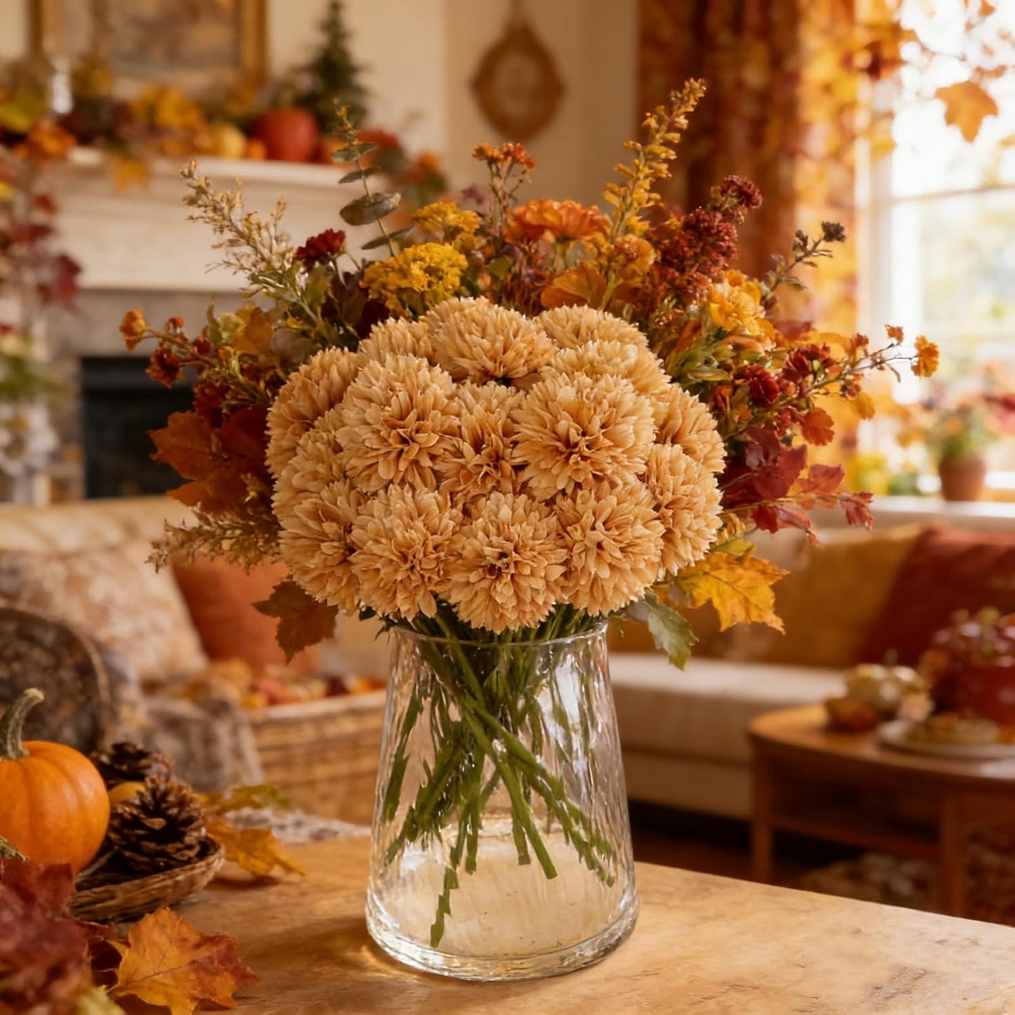 Kimura's Cabin 20pcs Fake Chrysanthemum Artificial Flowers Faux Silk Mums with Stem Balls Flowers for Vase Fillers Easter Home Table Floral Arrangements Wedding Party DIY Decoration(Yellow)
