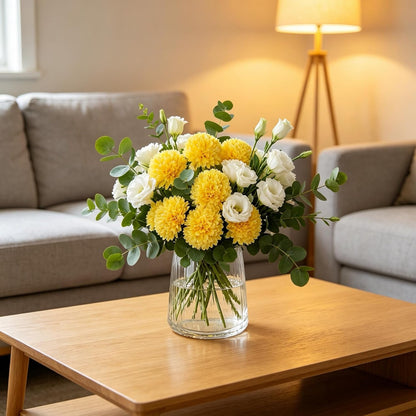 Kimura's Cabin 20pcs Fake Chrysanthemum Artificial Flowers Faux Silk Mums with Stem Balls Flowers for Vase Fillers Easter Home Table Floral Arrangements Wedding Party DIY Decoration(Yellow)