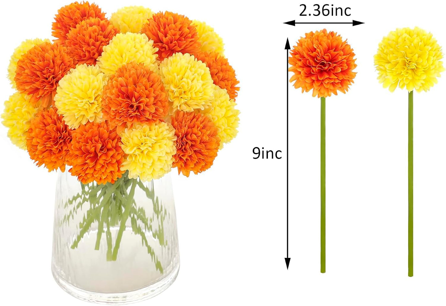 Kimura's Cabin 20pcs Fake Chrysanthemum Artificial Flowers Faux Silk Mums with Stem Balls Flowers for Vase Fillers Easter Home Table Floral Arrangements Wedding Party DIY Decoration(Yellow)