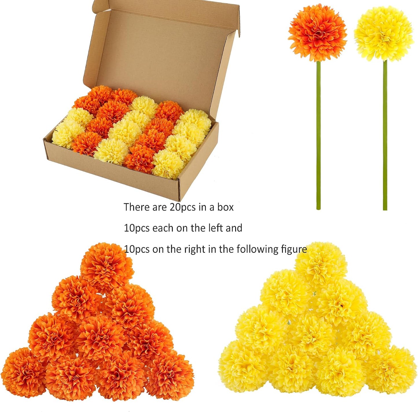 Kimura's Cabin 20pcs Fake Chrysanthemum Artificial Flowers Faux Silk Mums with Stem Balls Flowers for Vase Fillers Easter Home Table Floral Arrangements Wedding Party DIY Decoration(Yellow)