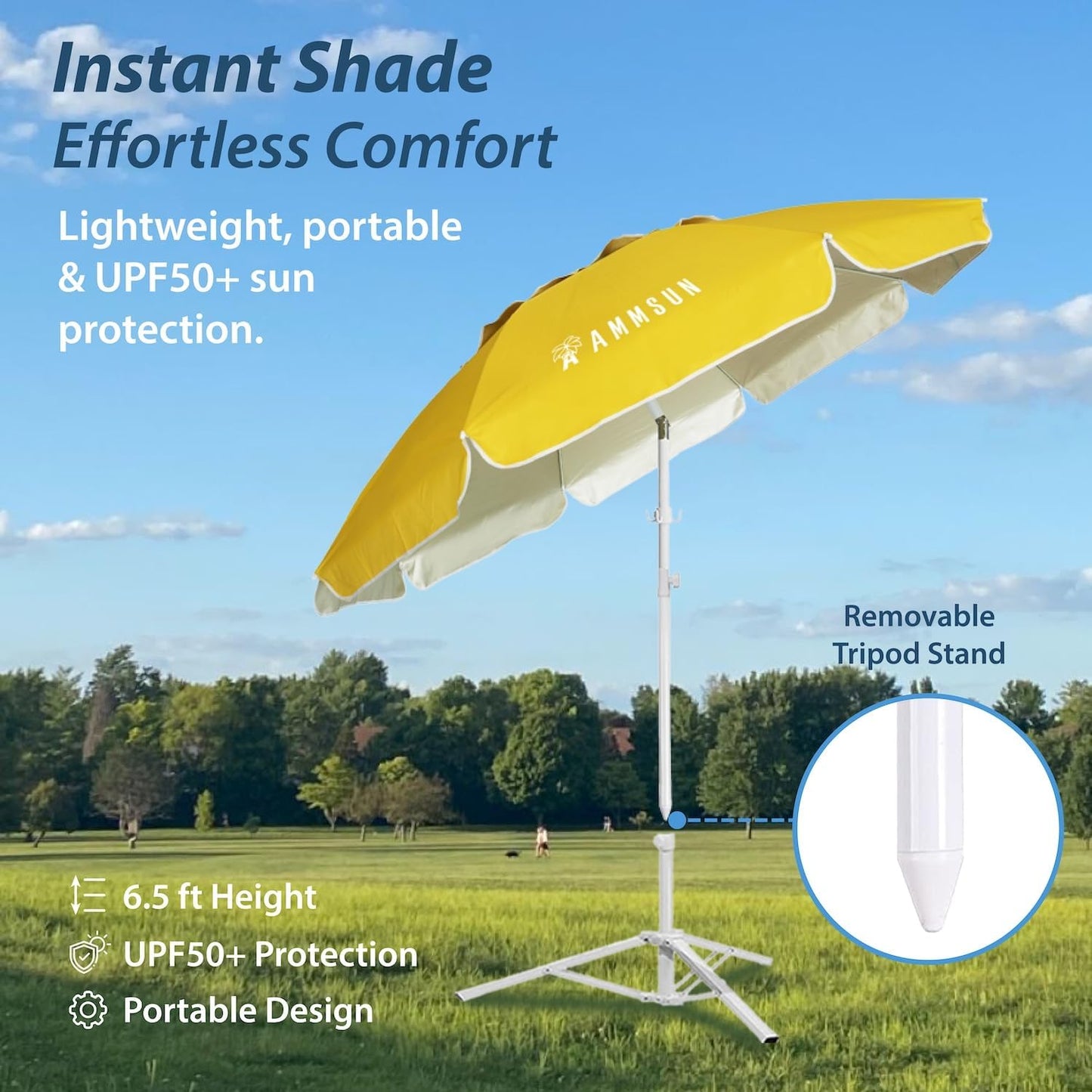 Shade Umbrella, Premium Portable Umbrella with Stand, 6.5ft Lightweight Free Standing Canopy for Sporting Games, Adjustable Instant Sun Protection and Easy to Carry, Yellow