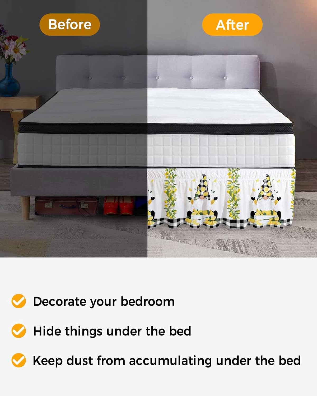 Lemon Gnomes Bed Skirt Queen Size 16 Inch Drop, Adjustable Elastic Wrap Around Bed Skirts Easy Fitting Dust Ruffle Bedskirt Bed Frame Cover Summer Botanical Yellow Fruit Black Lattice