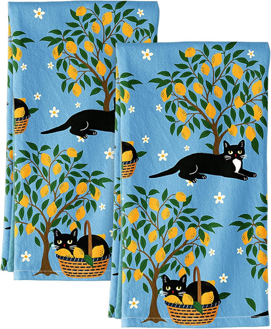Flour Sack Kitchen Towels Set of 2, Lemon Grove Cat | 18"x26", Pure Cotton, Lint Free, Light Weight, Dry Quickly, Odor Resistance, Decorative, with Hanging Loop, Giftable