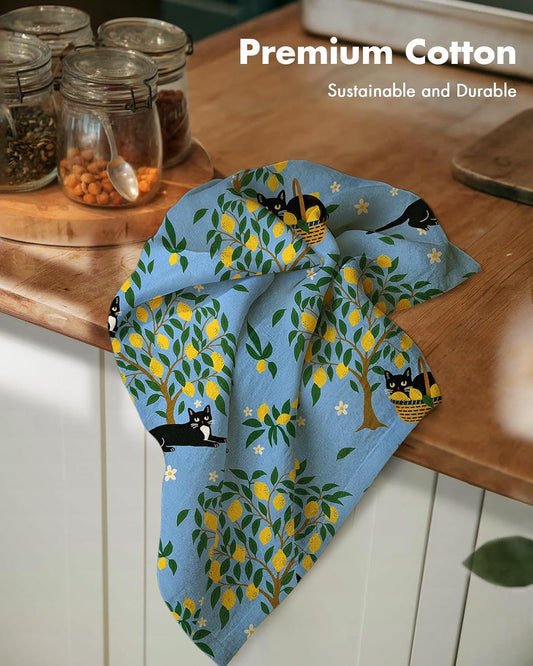 Flour Sack Kitchen Towels Set of 2, Lemon Grove Cat | 18"x26", Pure Cotton, Lint Free, Light Weight, Dry Quickly, Odor Resistance, Decorative, with Hanging Loop, Giftable