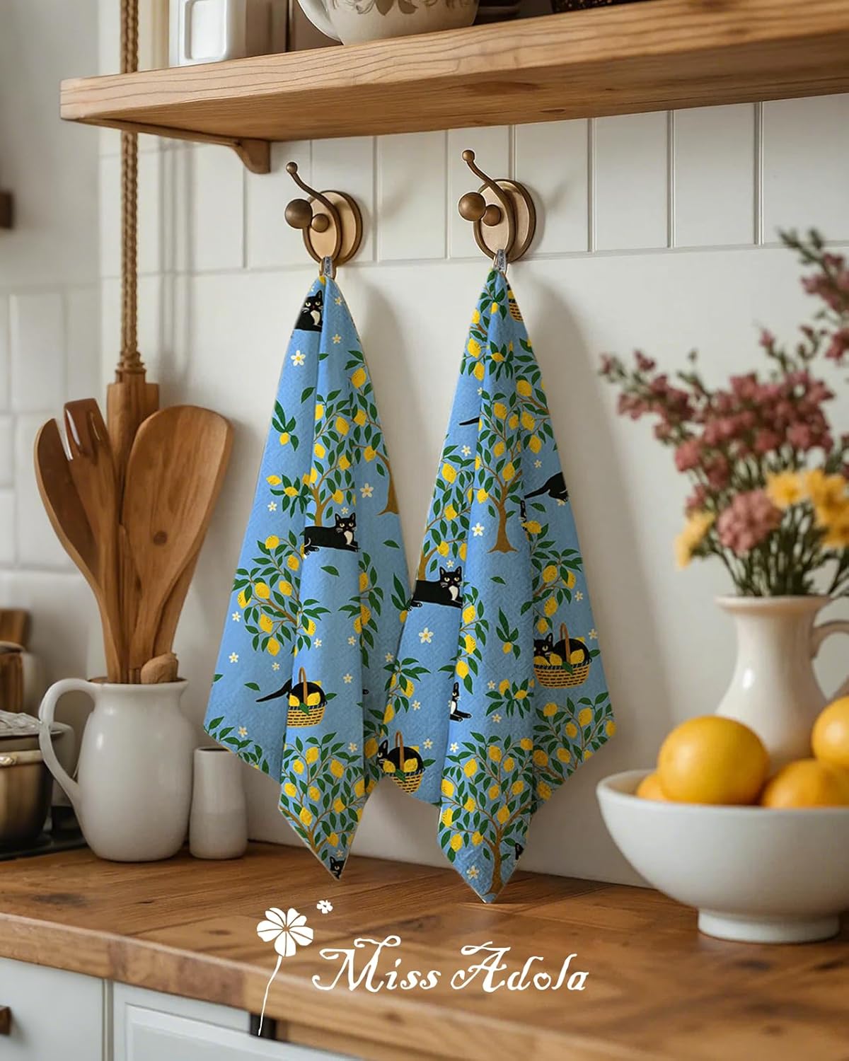 Flour Sack Kitchen Towels Set of 2, Lemon Grove Cat | 18"x26", Pure Cotton, Lint Free, Light Weight, Dry Quickly, Odor Resistance, Decorative, with Hanging Loop, Giftable
