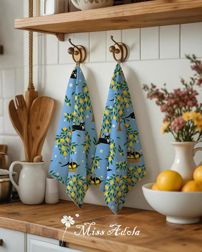 Flour Sack Kitchen Towels Set of 2, Lemon Grove Cat | 18"x26", Pure Cotton, Lint Free, Light Weight, Dry Quickly, Odor Resistance, Decorative, with Hanging Loop, Giftable