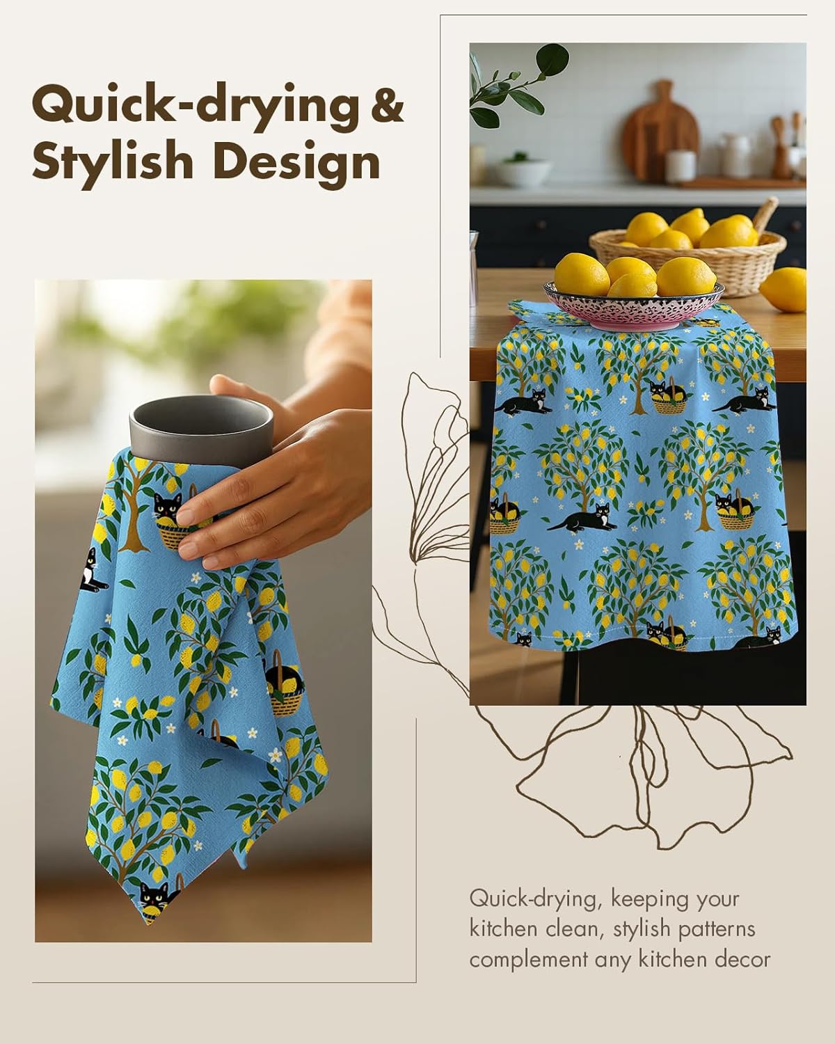 Flour Sack Kitchen Towels Set of 2, Lemon Grove Cat | 18"x26", Pure Cotton, Lint Free, Light Weight, Dry Quickly, Odor Resistance, Decorative, with Hanging Loop, Giftable