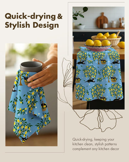 Flour Sack Kitchen Towels Set of 2, Lemon Grove Cat | 18"x26", Pure Cotton, Lint Free, Light Weight, Dry Quickly, Odor Resistance, Decorative, with Hanging Loop, Giftable