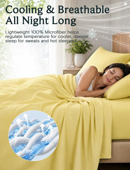 California King Sheets Sets, Deep Pocket Cal King Sheet Bed Sheets 4PC, Cooling Sheet Cal King Size, Soft Breathable Hotel Bedding, Silky Fitted Sheet & Pillowcase Sets, Lemon Yellow