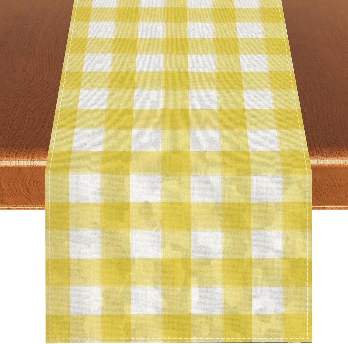Watercolor Yellow White Buffalo Check Plaid Table Runner Gingham Tablecloth Farmhouse Spring Summer Easter Home Kitchen Table Decoration-13×72''(Yellow and White)