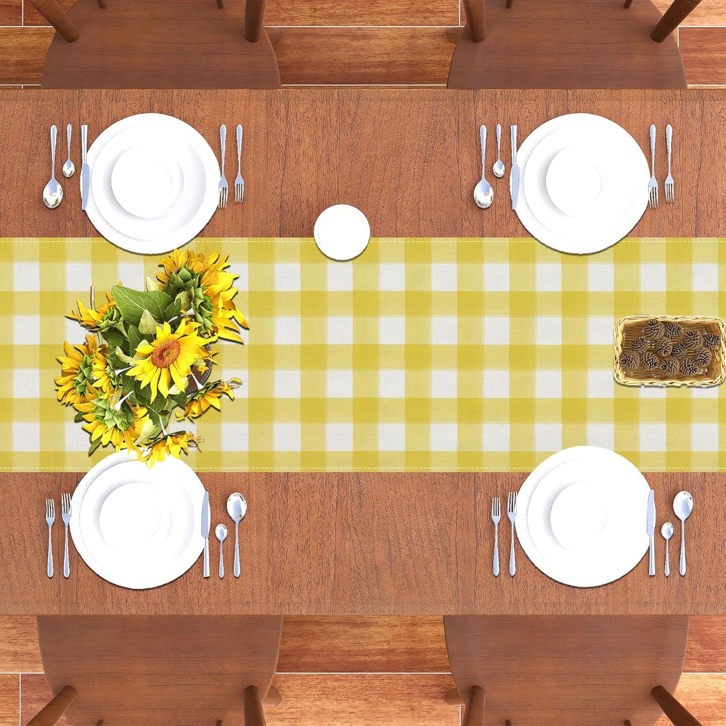 Watercolor Yellow White Buffalo Check Plaid Table Runner Gingham Tablecloth Farmhouse Spring Summer Easter Home Kitchen Table Decoration-13×72''(Yellow and White)