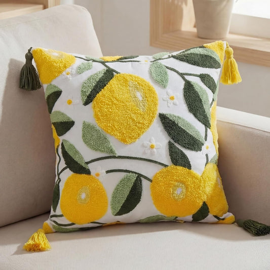 Lemon Pillow Covers with Tassel, 18 x 18 Inch Embroidered Throw Lemon Decorative Pillow for Living Room Couch Sofa Bed Holiday Spring Summer Home Decor