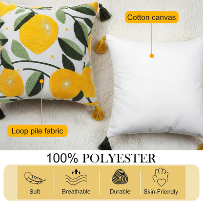 Lemon Pillow Covers with Tassel, 18 x 18 Inch Embroidered Throw Lemon Decorative Pillow for Living Room Couch Sofa Bed Holiday Spring Summer Home Decor