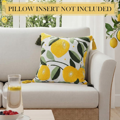 Lemon Pillow Covers with Tassel, 18 x 18 Inch Embroidered Throw Lemon Decorative Pillow for Living Room Couch Sofa Bed Holiday Spring Summer Home Decor