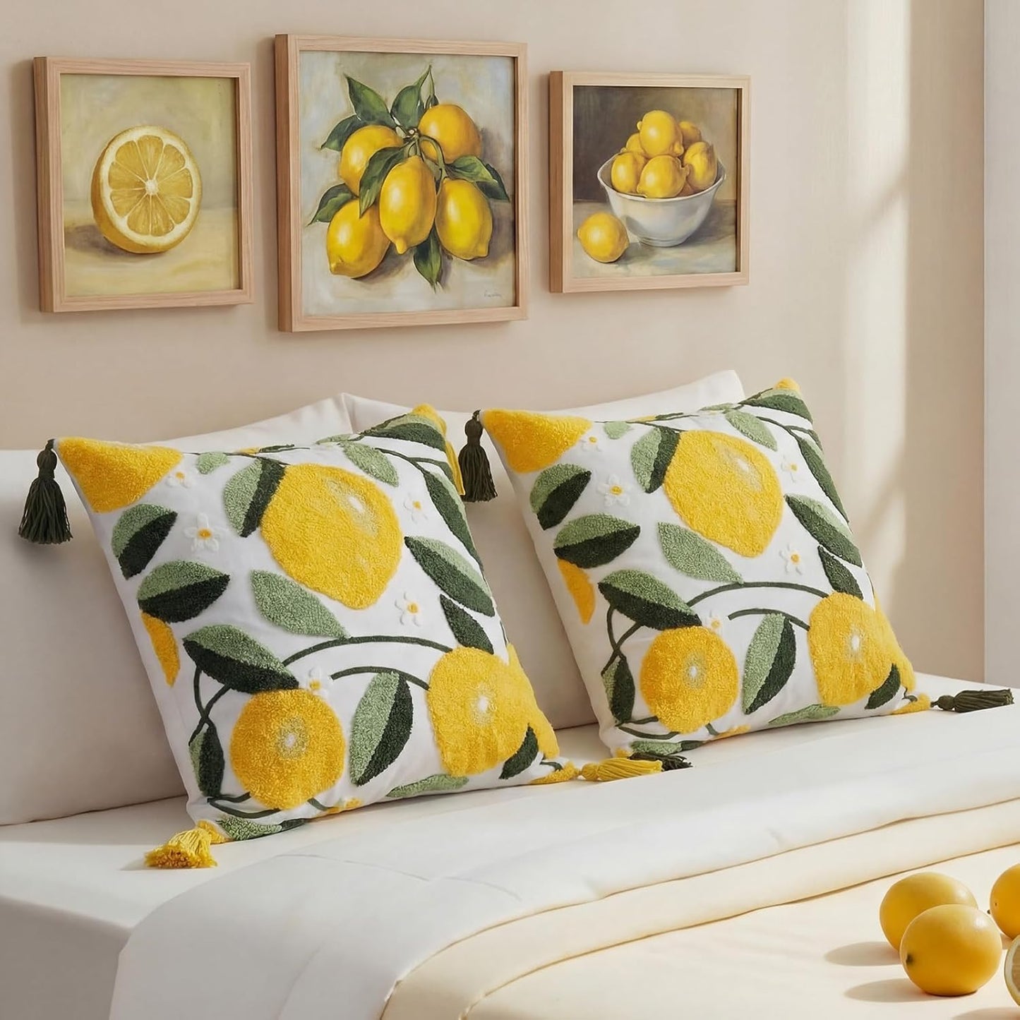 Lemon Pillow Covers with Tassel, 18 x 18 Inch Embroidered Throw Lemon Decorative Pillow for Living Room Couch Sofa Bed Holiday Spring Summer Home Decor