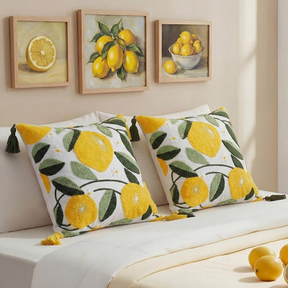 Lemon Pillow Covers with Tassel, 18 x 18 Inch Embroidered Throw Lemon Decorative Pillow for Living Room Couch Sofa Bed Holiday Spring Summer Home Decor