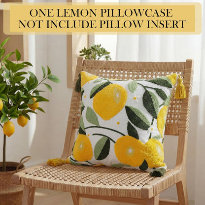 Lemon Pillow Covers with Tassel, 18 x 18 Inch Embroidered Throw Lemon Decorative Pillow for Living Room Couch Sofa Bed Holiday Spring Summer Home Decor
