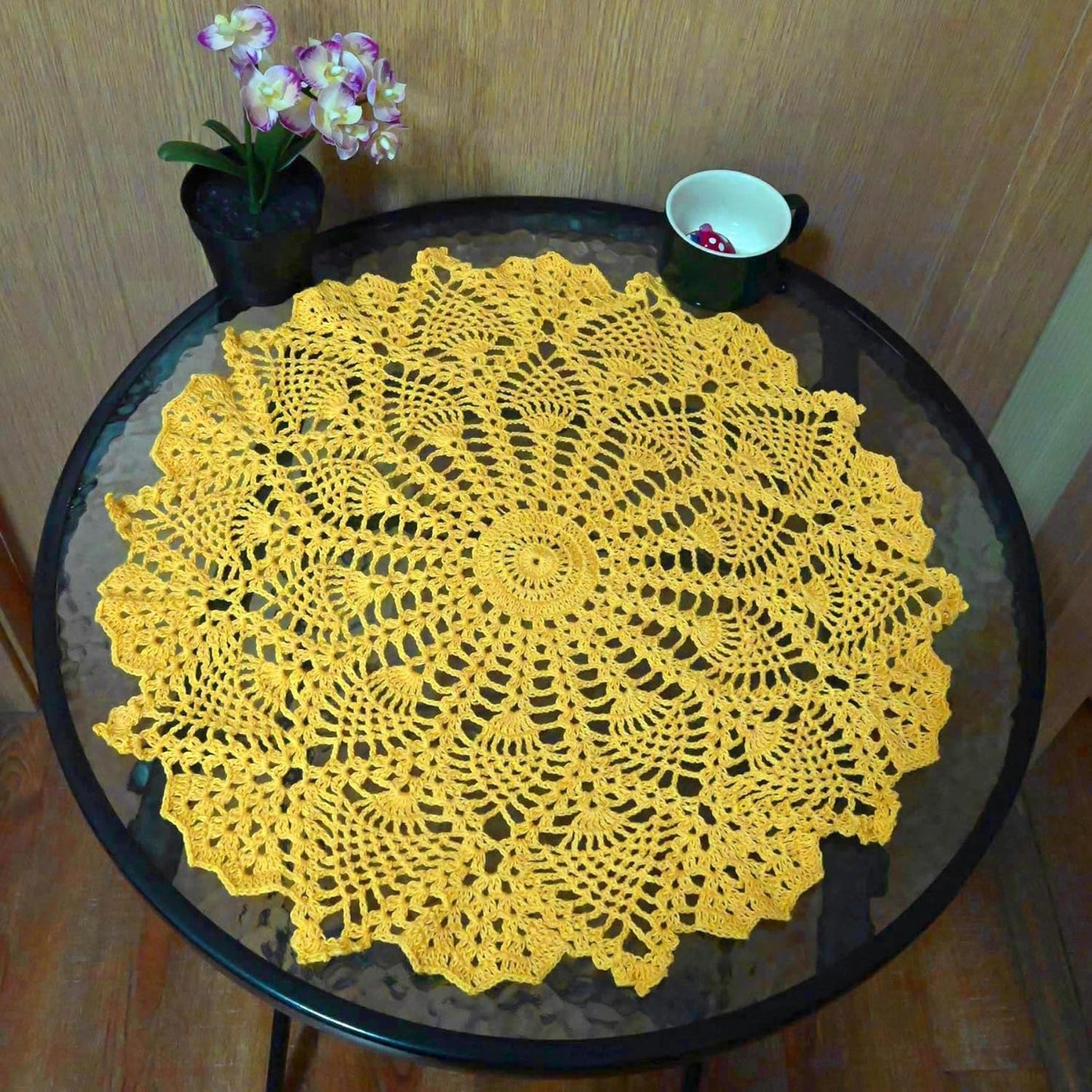 Lace Tablecloth Doily Handmade Crochet Placemat Women Vase Mat Kitchen Table Runner (1PC- 18 in to 20 in, Yellow)