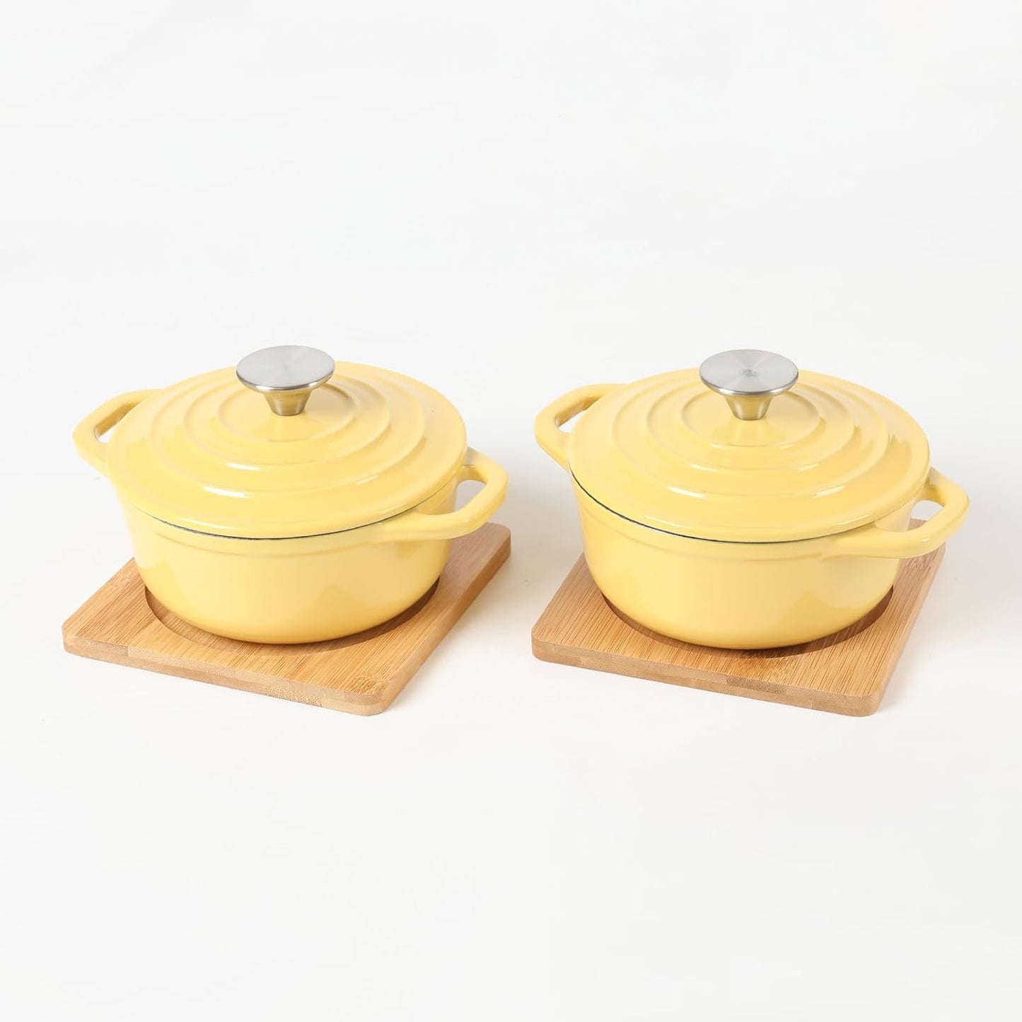 Enameled Cast Iron Mini Dutch Oven, Dia5.51”, 23oz, with Bamboo Tray, Set of 2, Yellow
