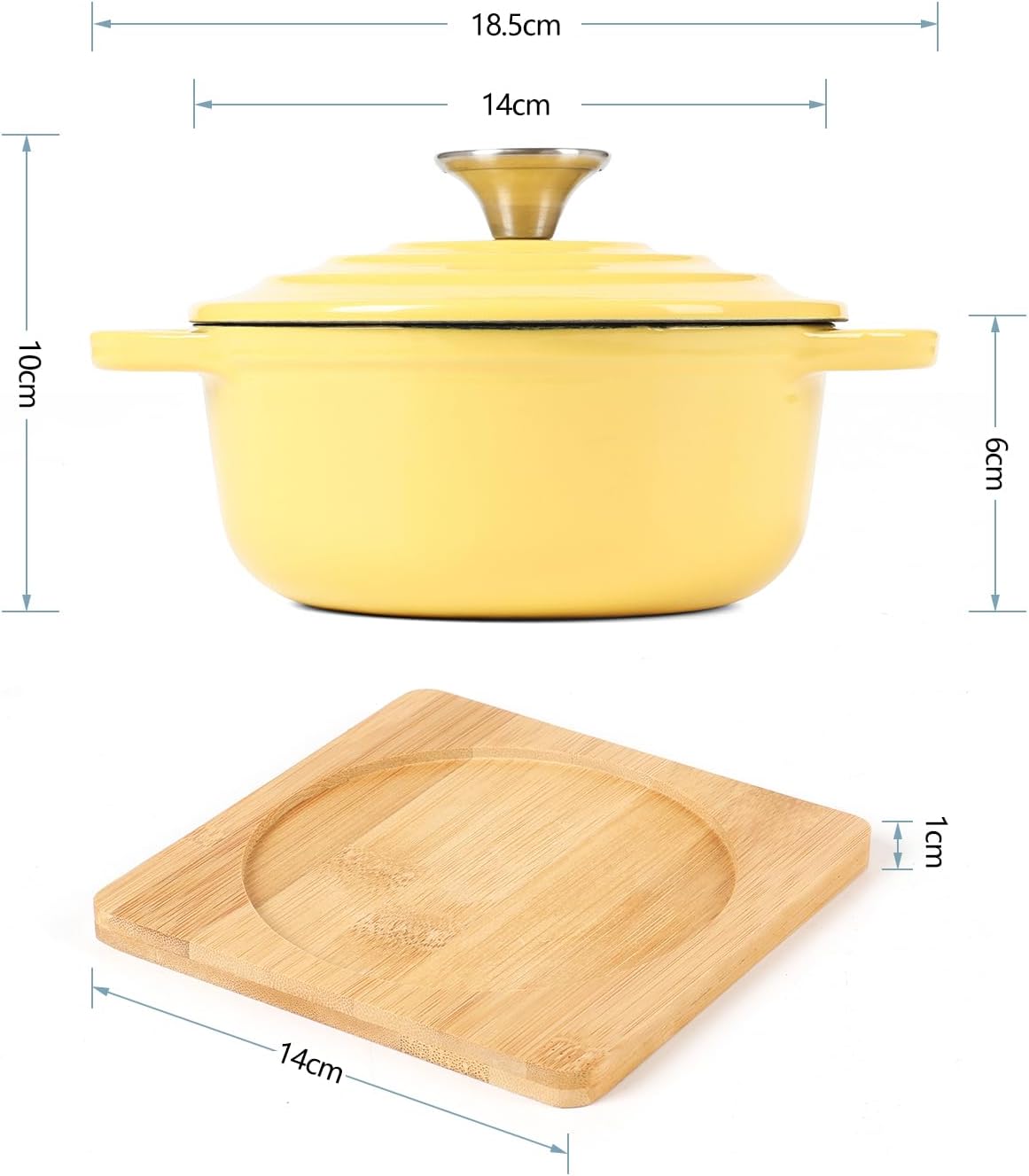 Enameled Cast Iron Mini Dutch Oven, Dia5.51”, 23oz, with Bamboo Tray, Set of 2, Yellow