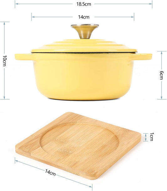 Enameled Cast Iron Mini Dutch Oven, Dia5.51”, 23oz, with Bamboo Tray, Set of 2, Yellow