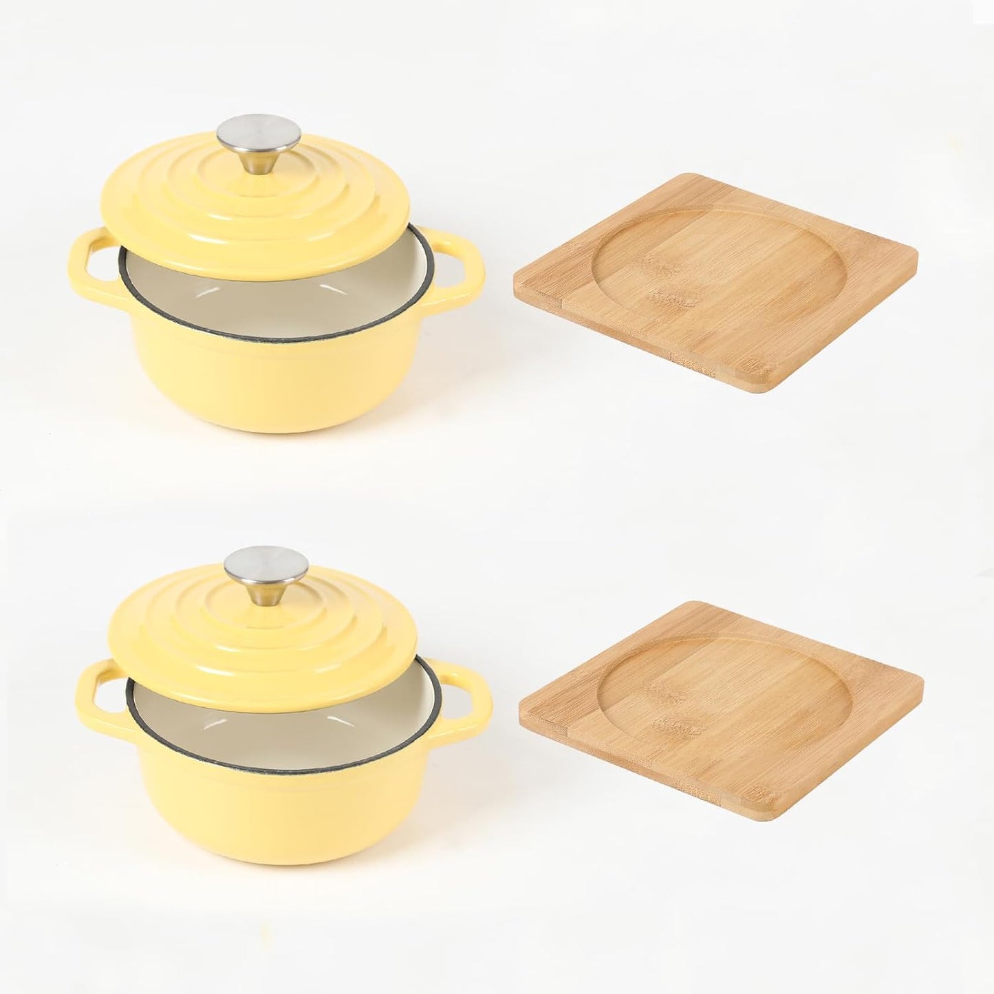 Enameled Cast Iron Mini Dutch Oven, Dia5.51”, 23oz, with Bamboo Tray, Set of 2, Yellow