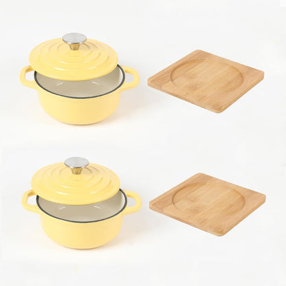 Enameled Cast Iron Mini Dutch Oven, Dia5.51”, 23oz, with Bamboo Tray, Set of 2, Yellow