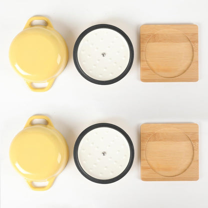 Enameled Cast Iron Mini Dutch Oven, Dia5.51”, 23oz, with Bamboo Tray, Set of 2, Yellow