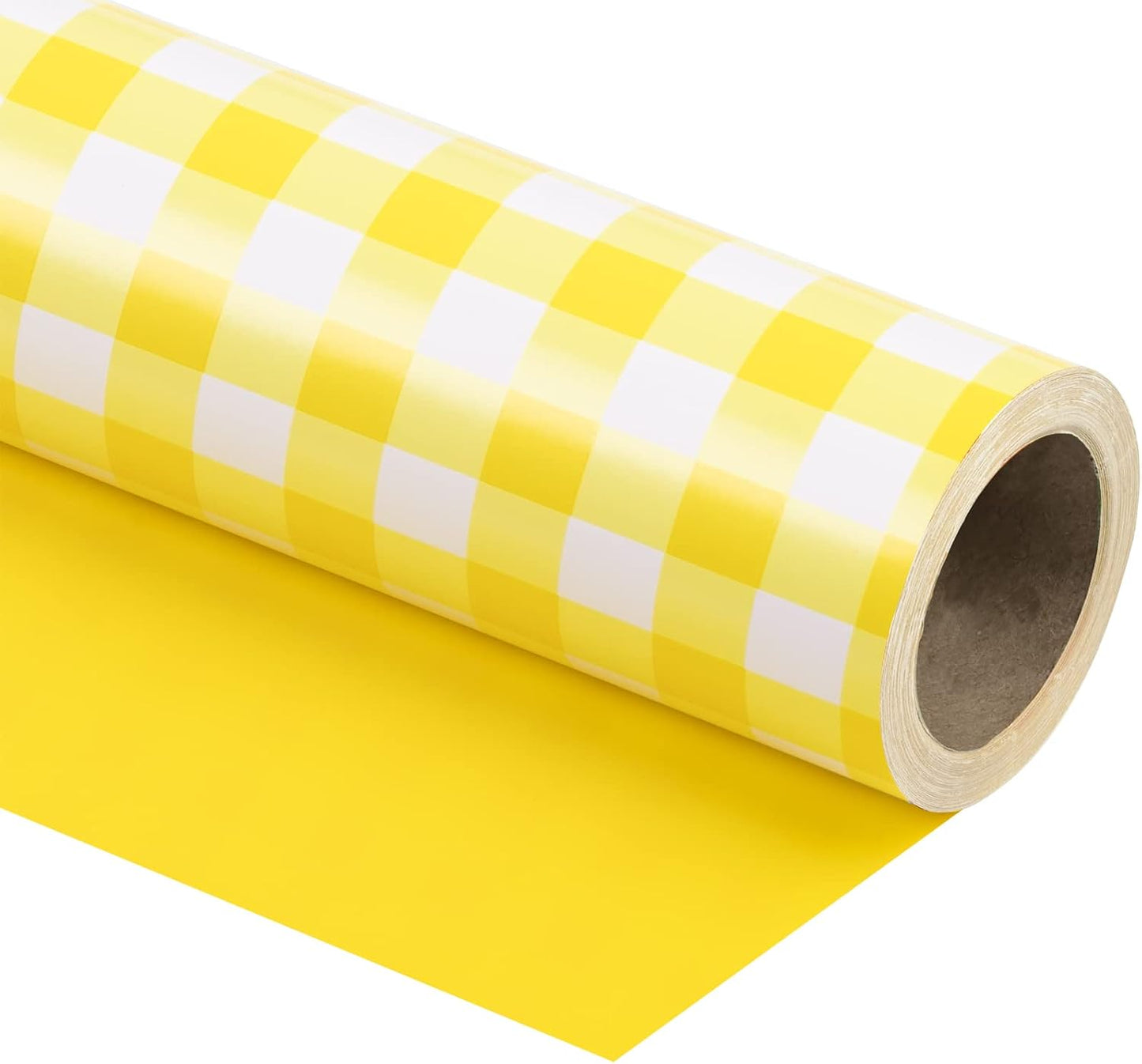Reversible Wrapping Paper - Mini Roll - 17 Inch X 33 Feet - Yellow and White Plaid Design for Birthday, Holiday, Wedding, Baby Shower