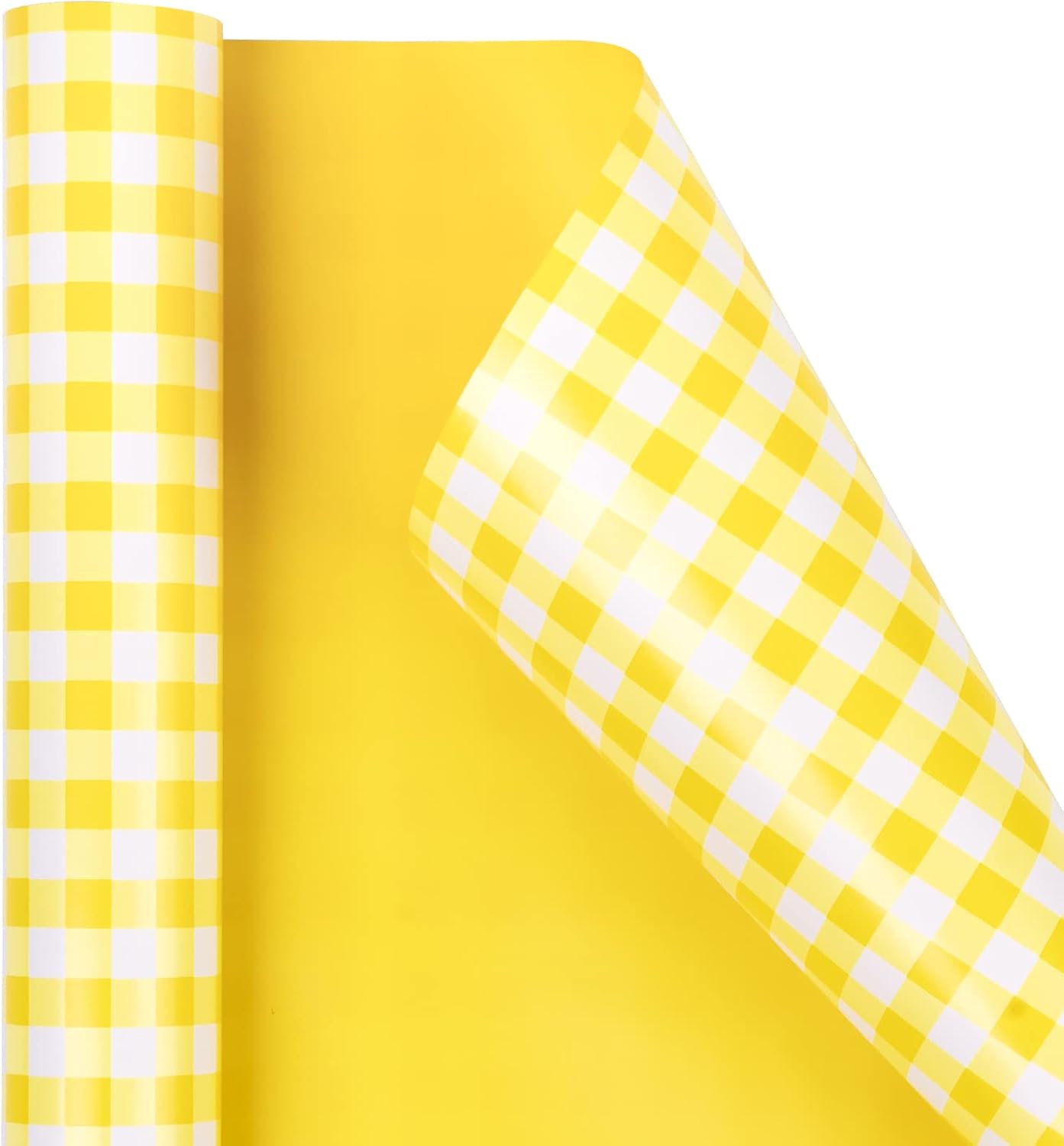 Reversible Wrapping Paper - Mini Roll - 17 Inch X 33 Feet - Yellow and White Plaid Design for Birthday, Holiday, Wedding, Baby Shower