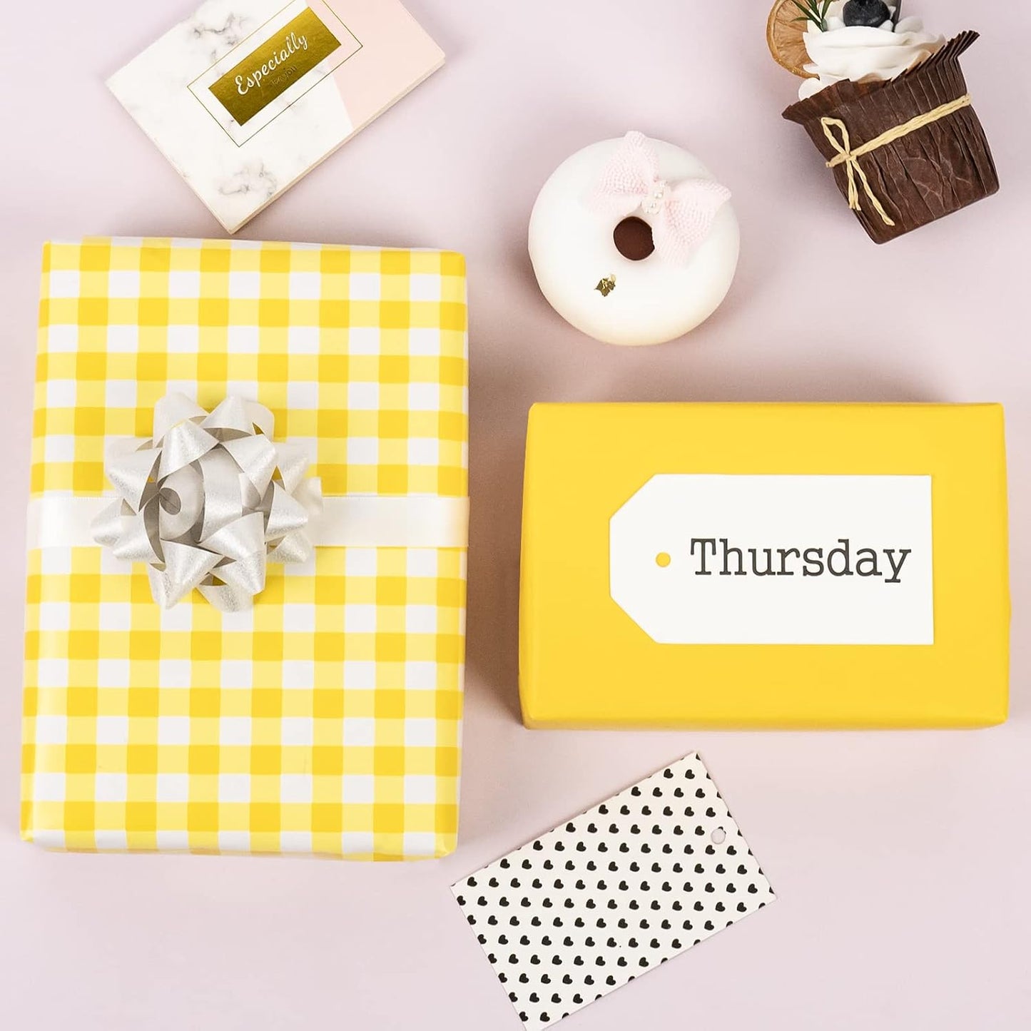 Reversible Wrapping Paper - Mini Roll - 17 Inch X 33 Feet - Yellow and White Plaid Design for Birthday, Holiday, Wedding, Baby Shower