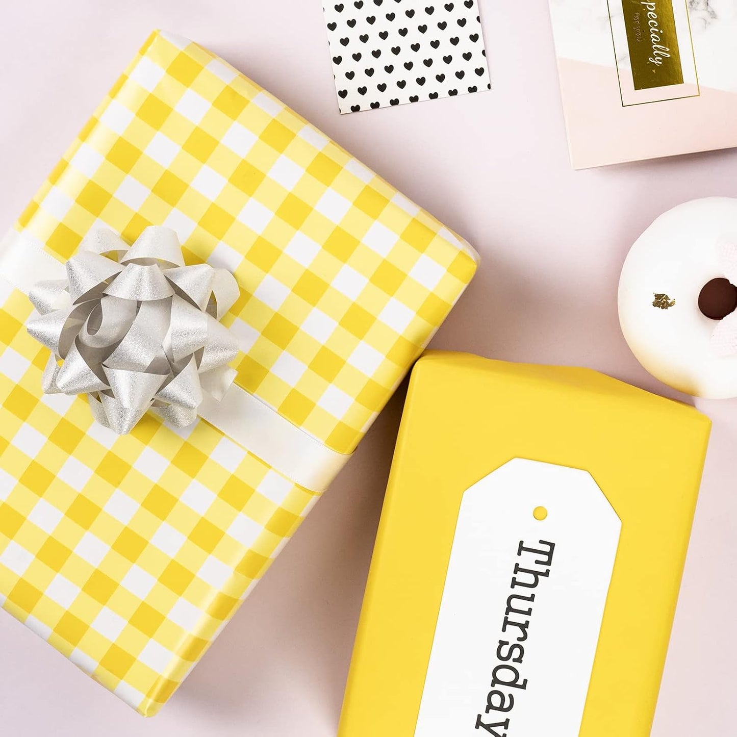 Reversible Wrapping Paper - Mini Roll - 17 Inch X 33 Feet - Yellow and White Plaid Design for Birthday, Holiday, Wedding, Baby Shower
