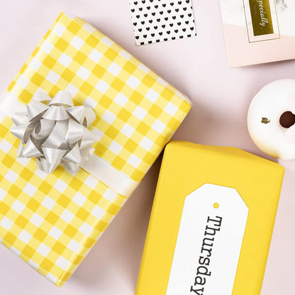 Reversible Wrapping Paper - Mini Roll - 17 Inch X 33 Feet - Yellow and White Plaid Design for Birthday, Holiday, Wedding, Baby Shower