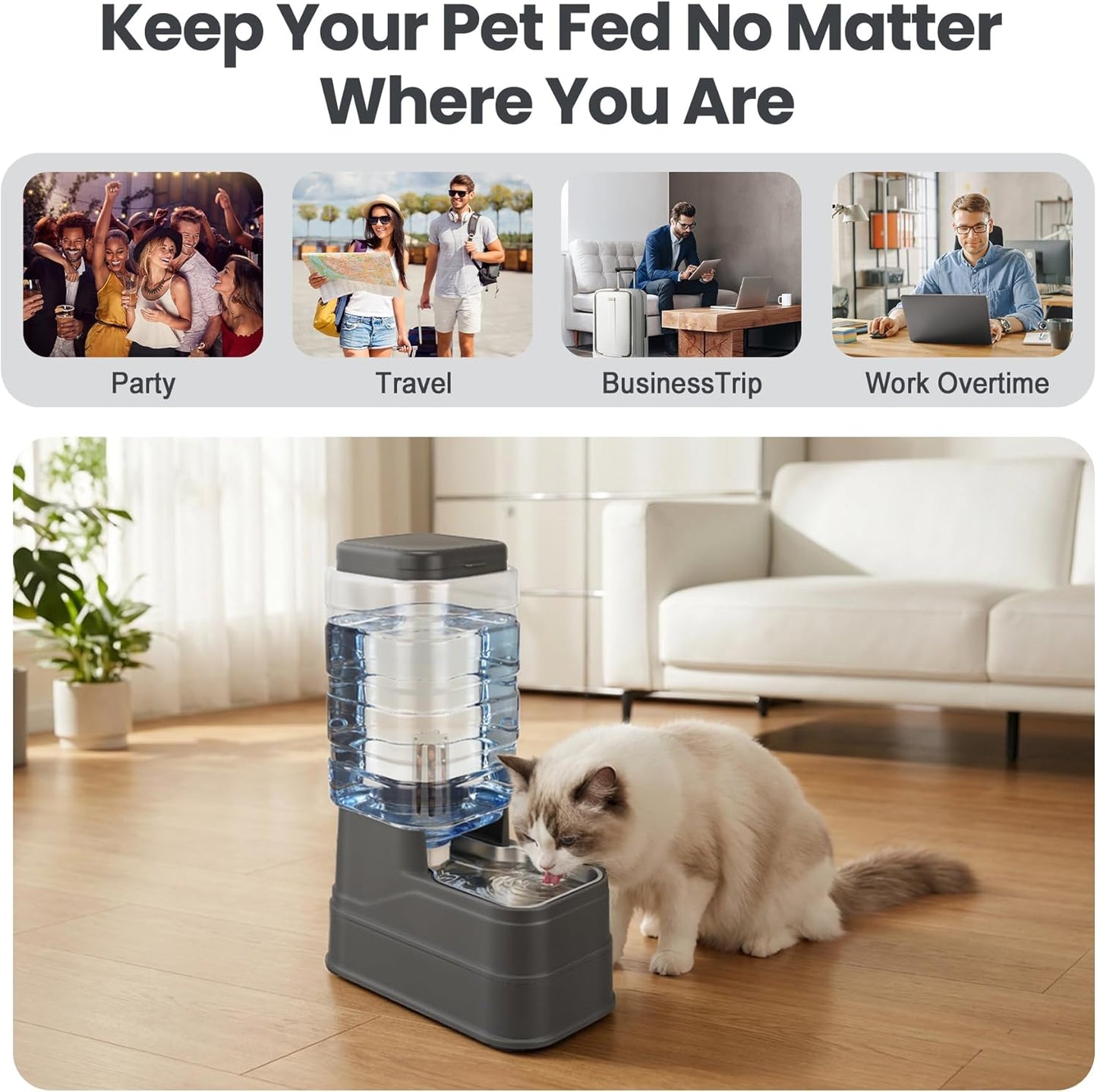 Automatic Dog Water Dispenser Gravity Stainless Steel Water Feeder Cat Waterer Feeder with Wide Mouth Bowl for Small Medium Dog Puppy Kitten (Filter &Ice Pack Included) 2.2Gallon Gray